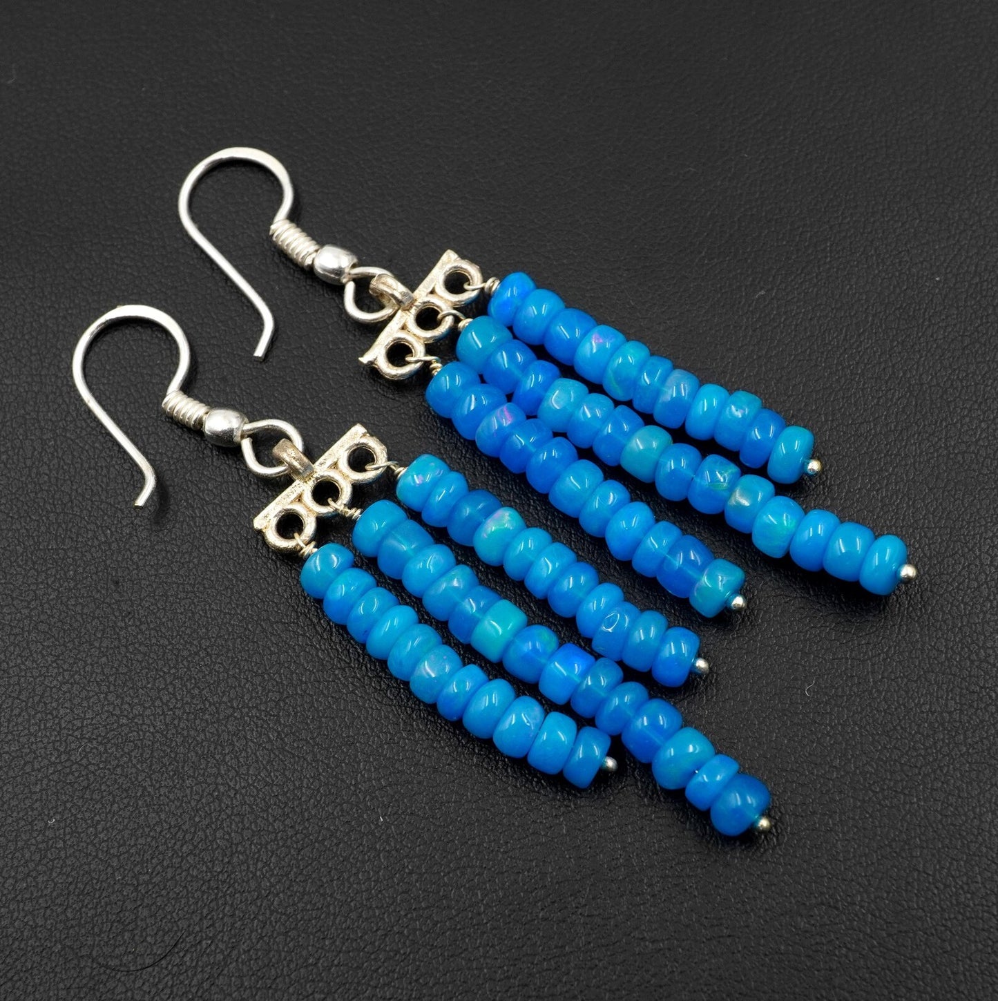 Ethiopian Opal Beads Earrings Blue Natural Multi Fire Opal 925 Silver Cabochon Beaded