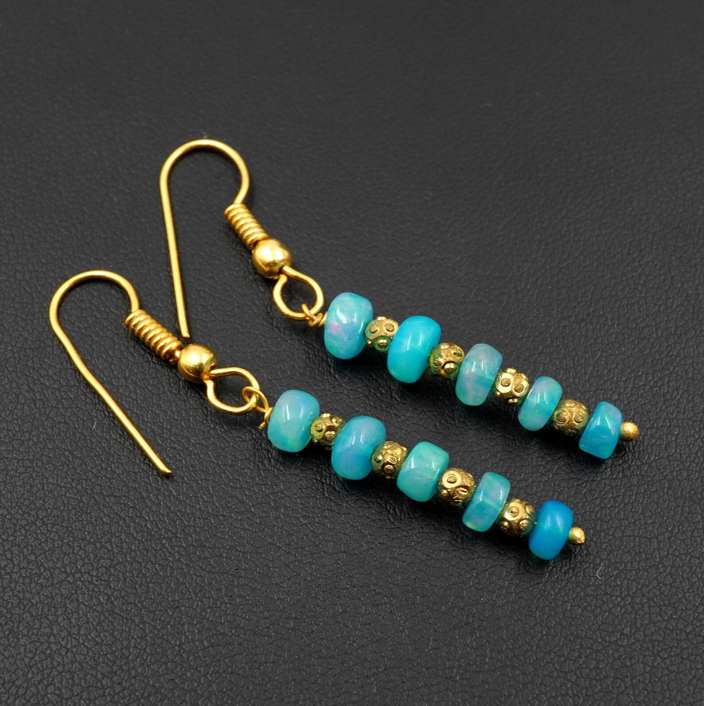 Natural Blue Ethiopian Opal Beads Earrings Multi Fire Opal 10K Gold Cabochon Beaded