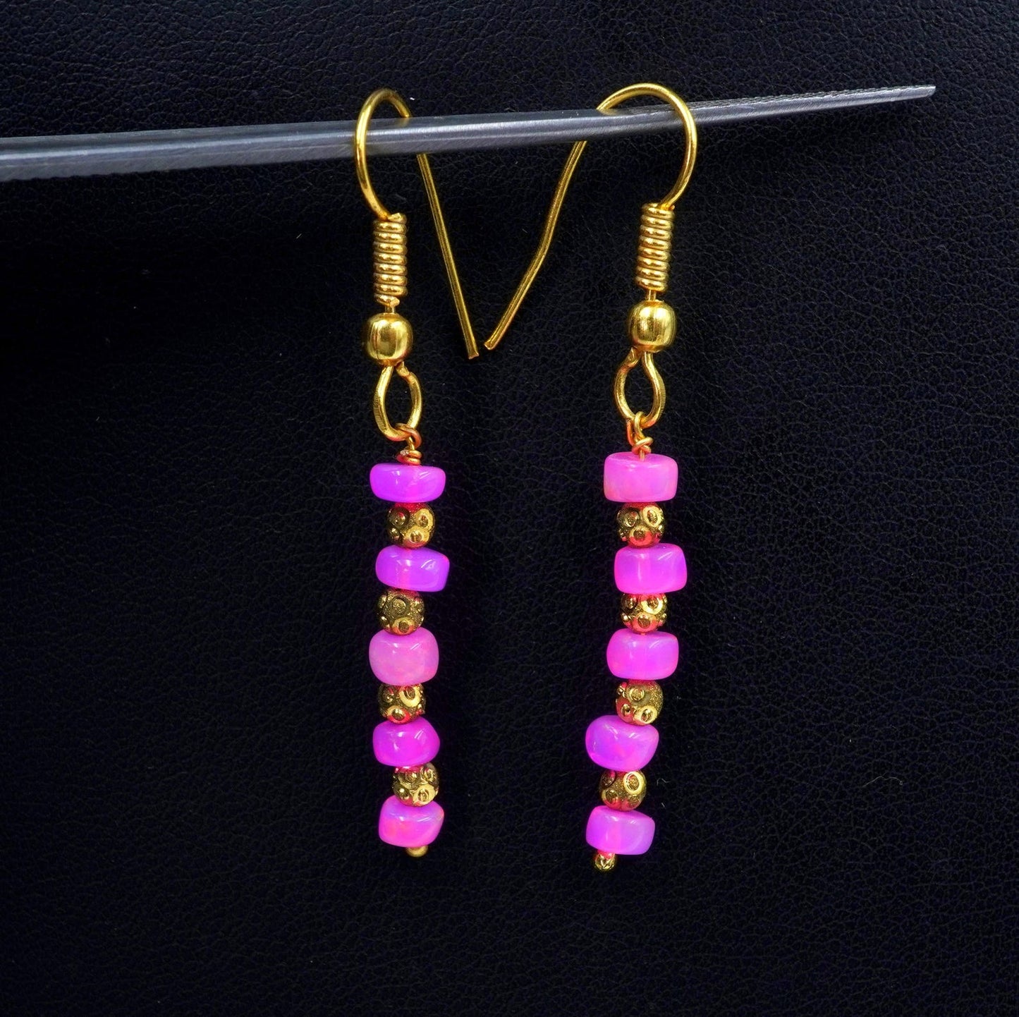 Pink Opal Earrings, 925 Silver & 14k Gold, Ethiopian Gemstone