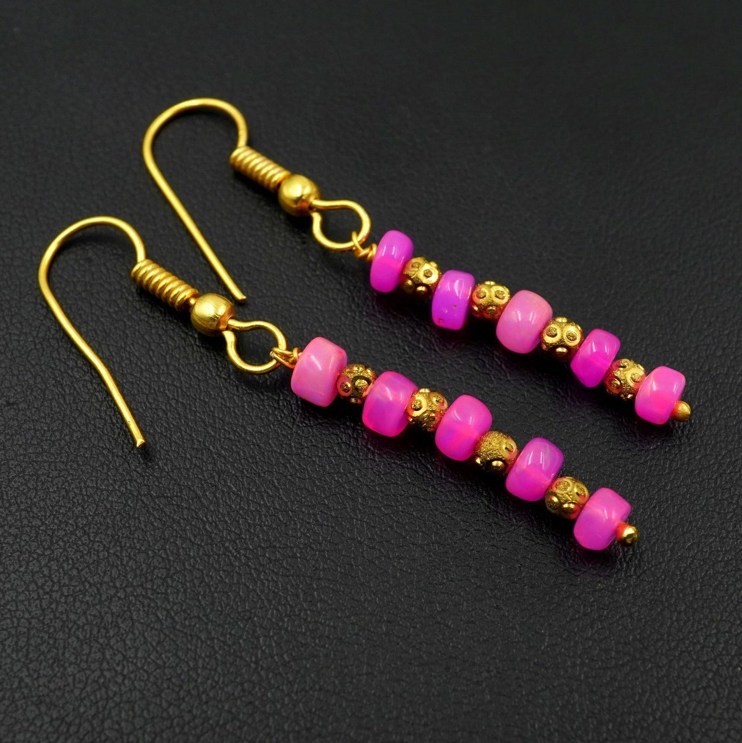 Pink Opal Earrings, 925 Silver & 14k Gold, Ethiopian Gemstone