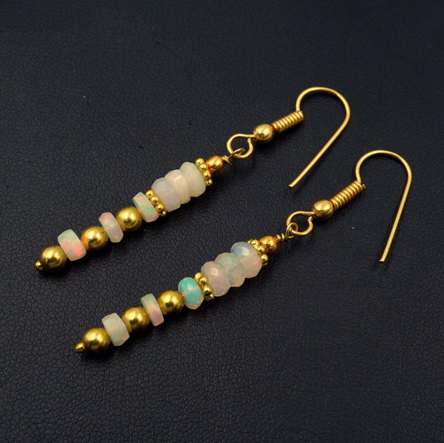 Natural Wlo Fire Ethiopian Opal Bead Earrings, 925 Silver & 14k Gold Gift For Her
