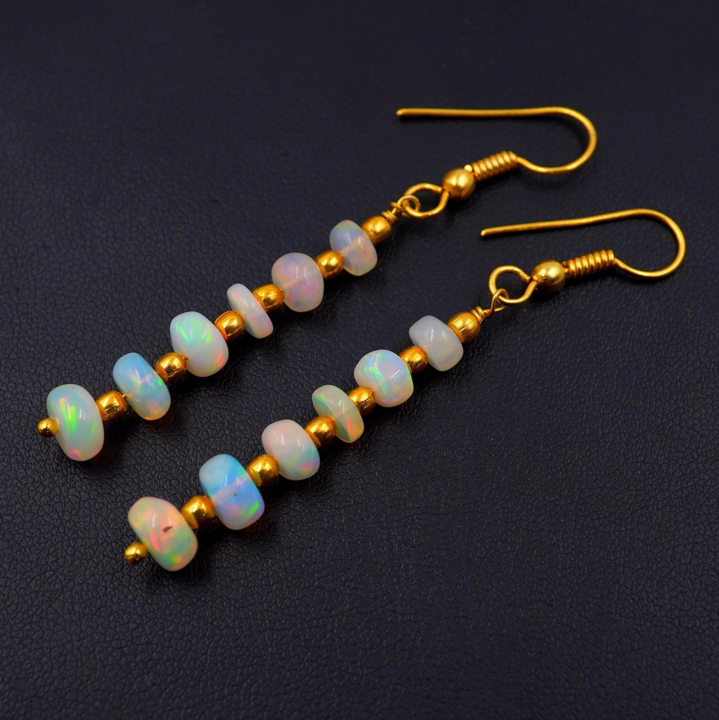 Natural Ethiopian Opal Beads Multi Fire Earrings, 14k Gold Gift For Her