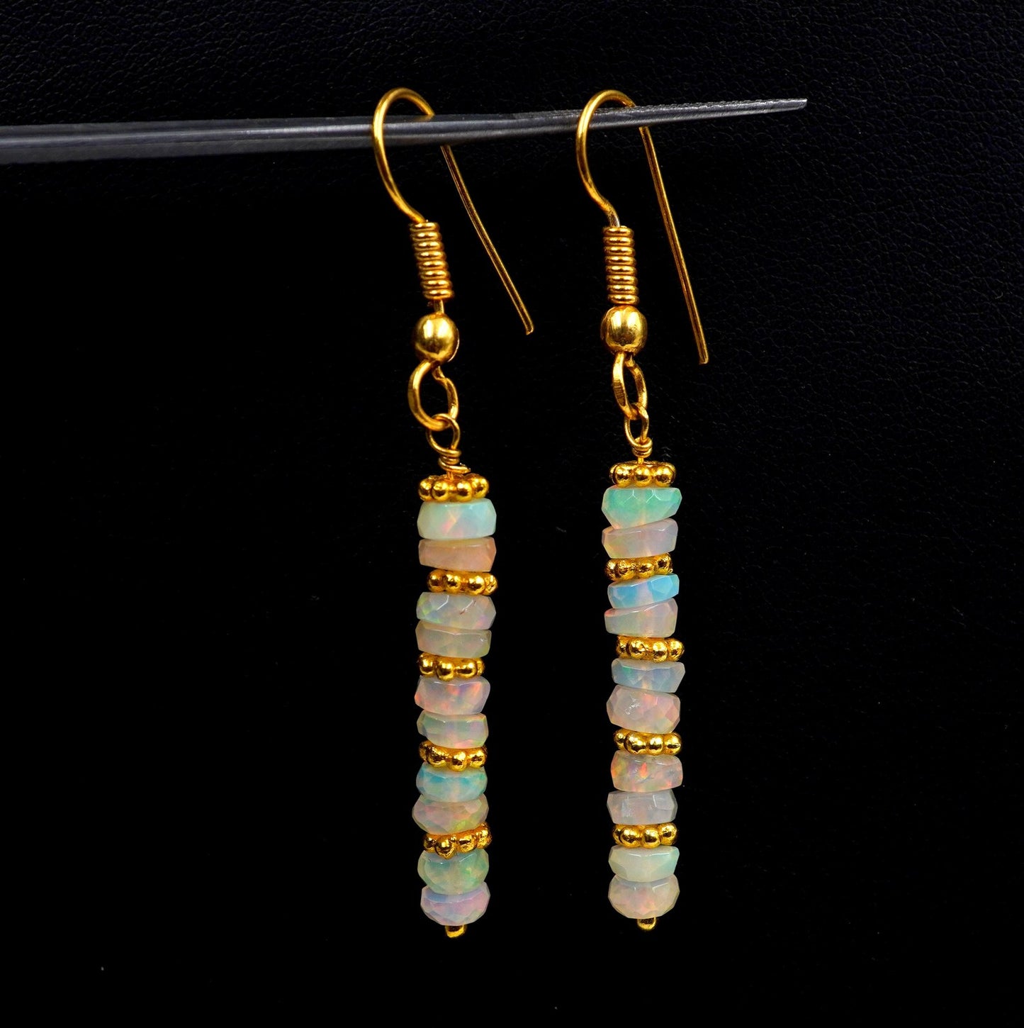Ethiopian Opal Earrings, 14k Gold Beads, Multi Fire Gemstone