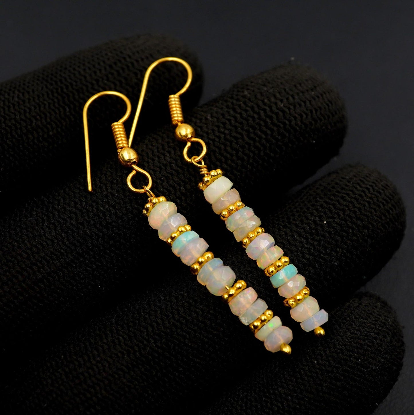 Ethiopian Opal Earrings, 14k Gold Beads, Multi Fire Gemstone