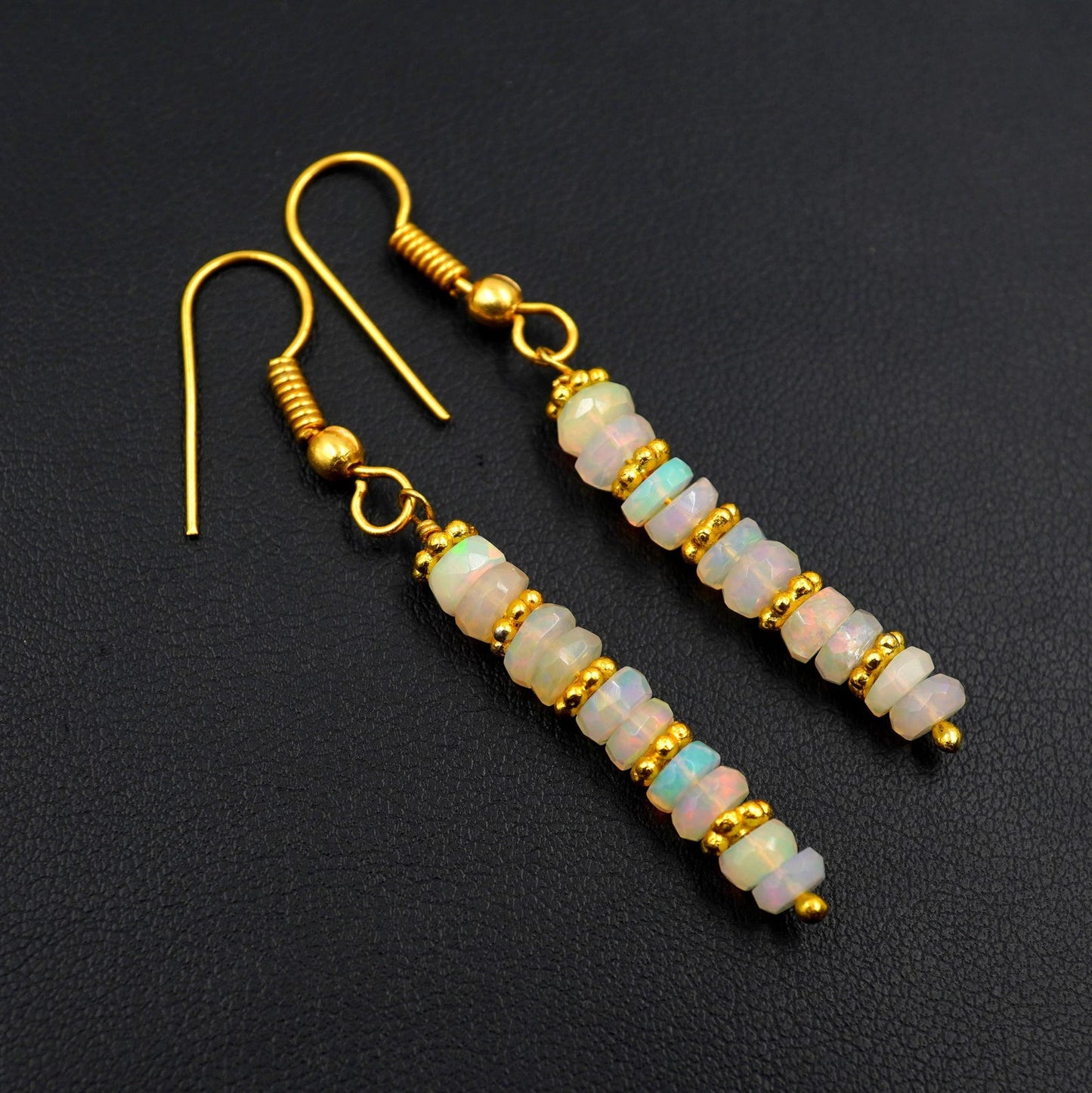 Ethiopian Opal Earrings, 14k Gold Beads, Multi Fire Gemstone
