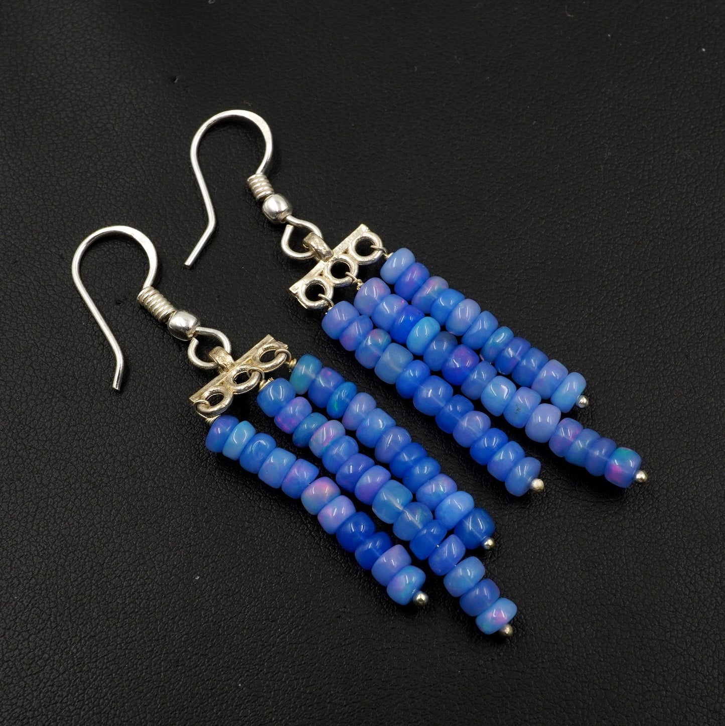 Natural Blue Ethiopian Opal Earrings, Multi Fire Beads, 925 Sterling Silver