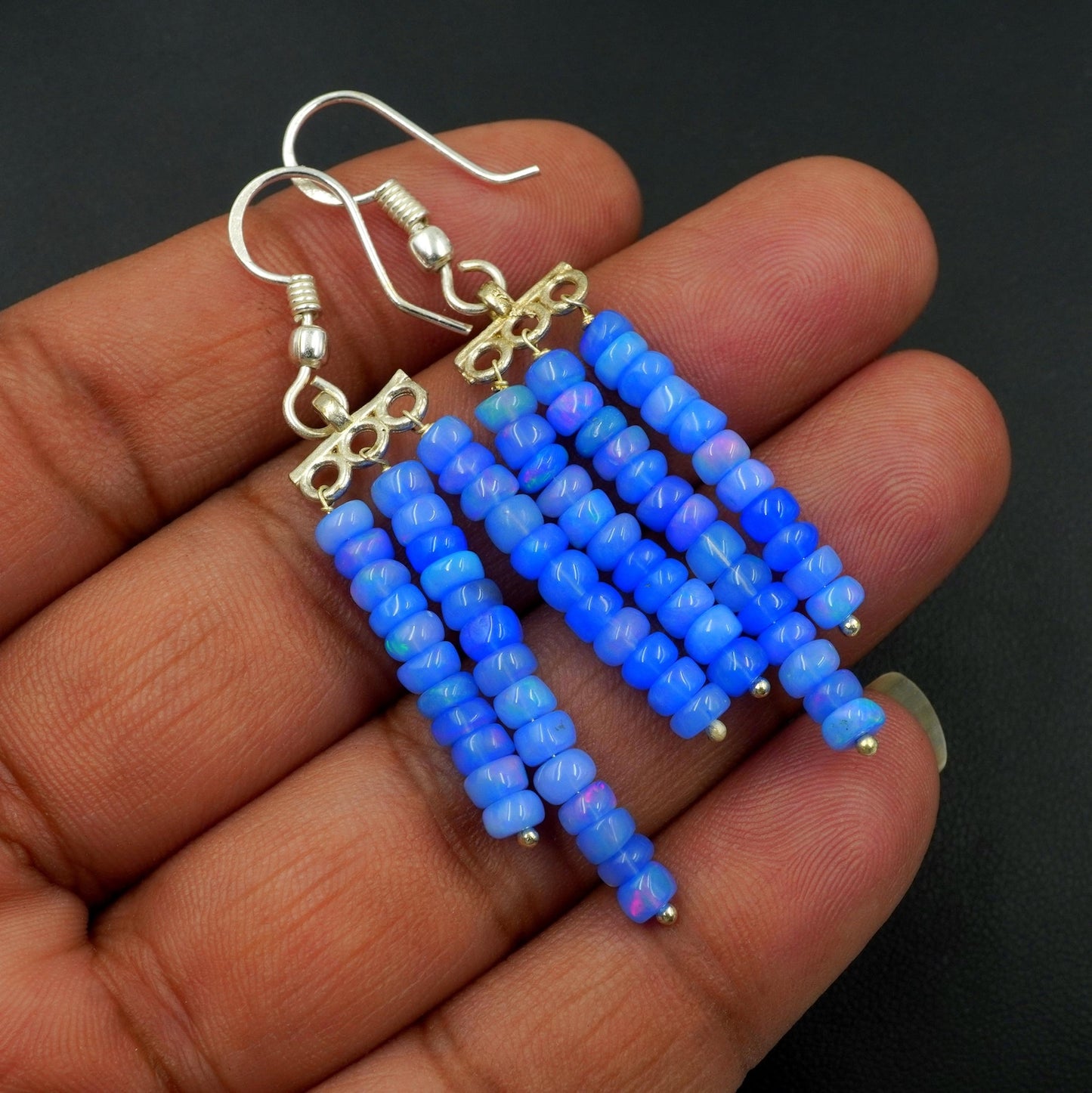 Natural Blue Ethiopian Opal Earrings, Multi Fire Beads, 925 Sterling Silver
