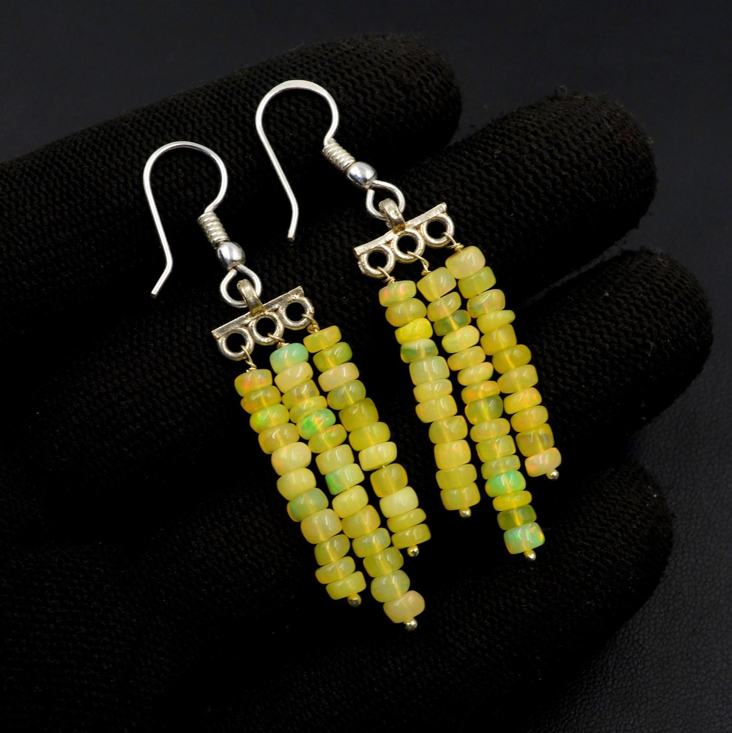 Yellow Ethiopian Opal Beads Earrings, Multi Fire, 925 Sterling Silver & Gold
