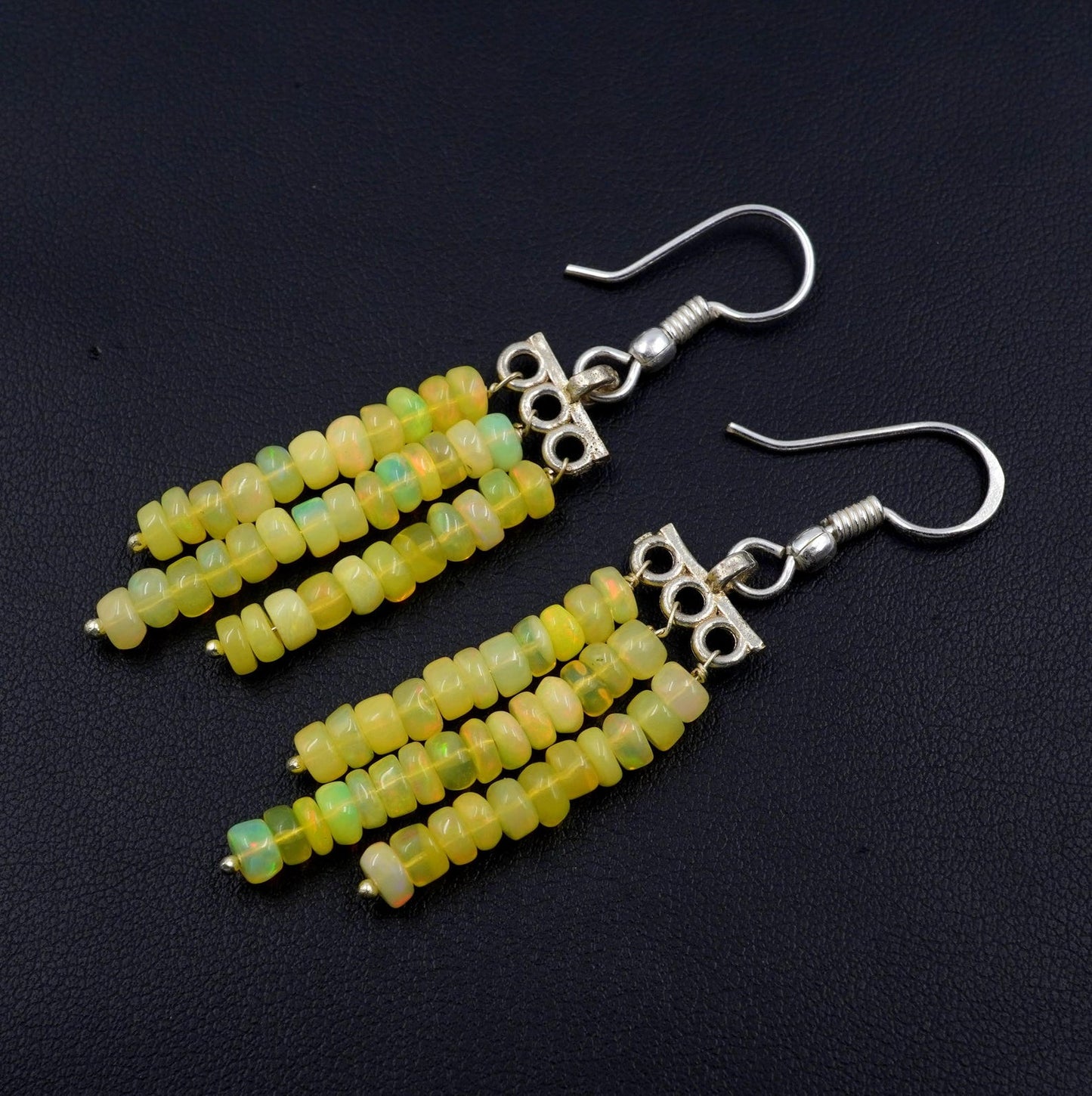 Yellow Ethiopian Opal Beads Earrings, Multi Fire, 925 Sterling Silver & Gold