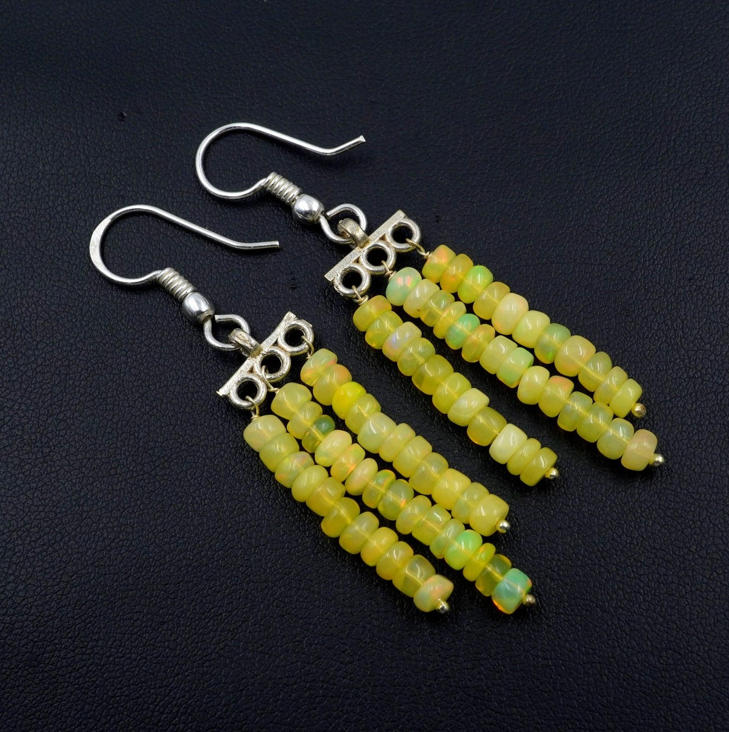 Yellow Ethiopian Opal Beads Earrings, Multi Fire, 925 Sterling Silver & Gold