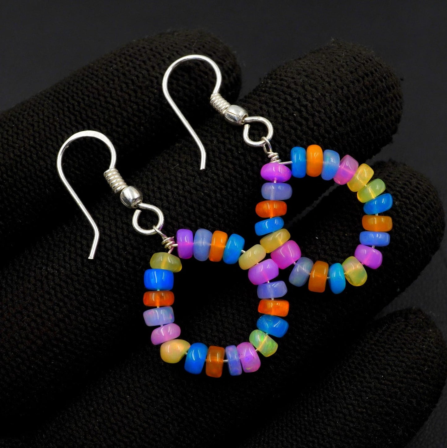 Natural Multi Color Ethiopian Opal Beads Earrings, Sterling Silver & Gold