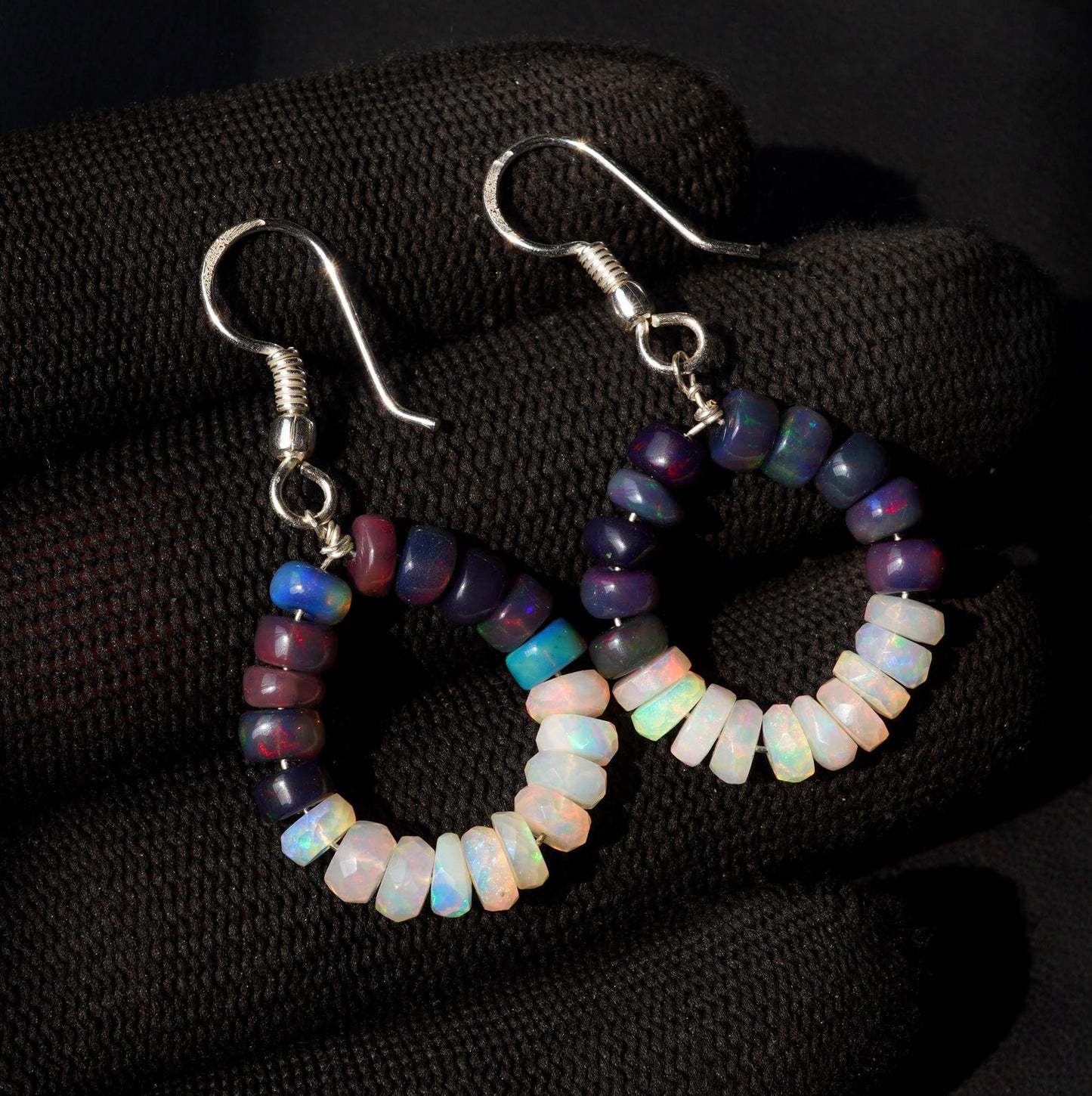 Natural Black White Ethiopian Opal Beads Earrings, 14K Silver & Gold Gift For Her