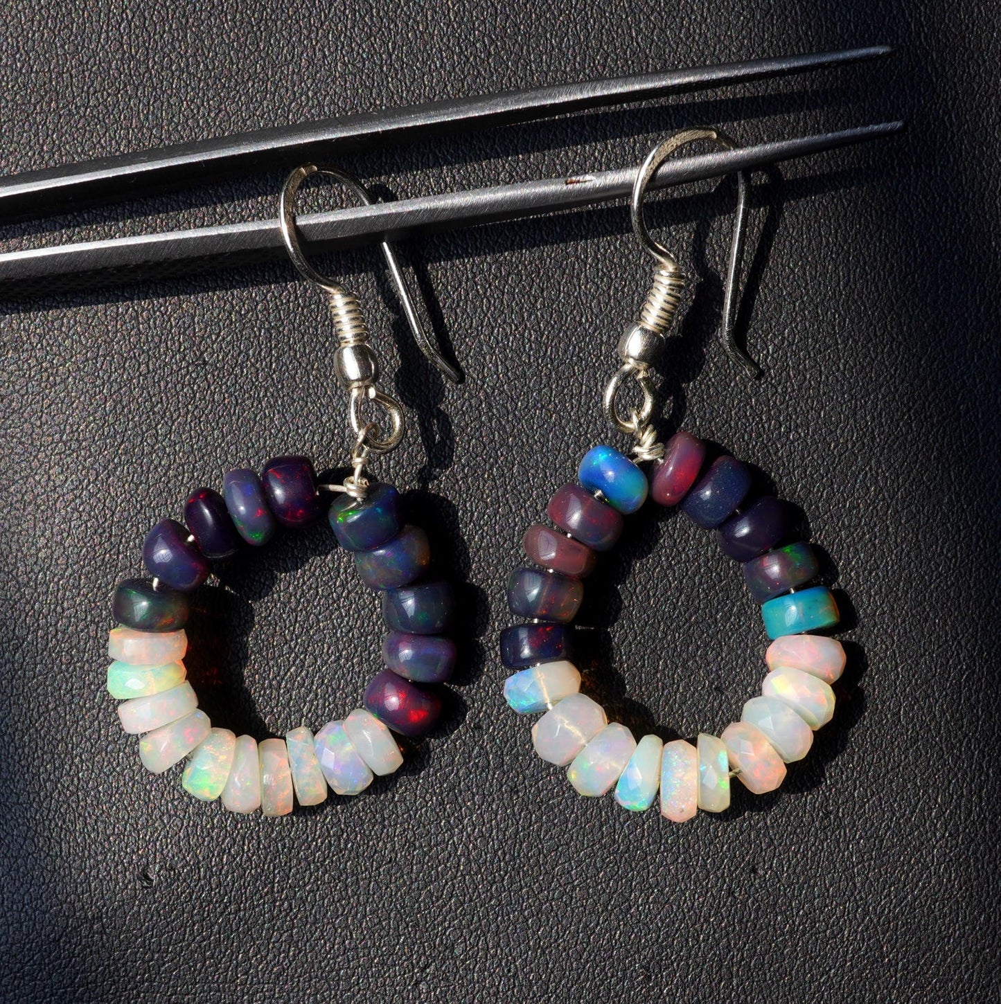 Natural Black White Ethiopian Opal Beads Earrings, 14K Silver & Gold Gift For Her