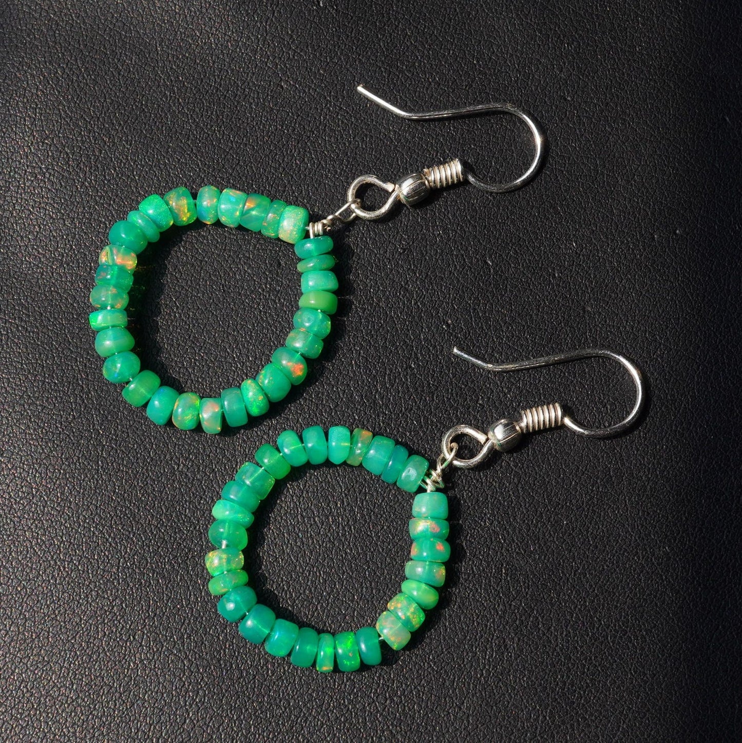 Natural Green Ethiopian Opal Hoop Earrings, 5mm Smooth Beads, Silver & Gold Finish