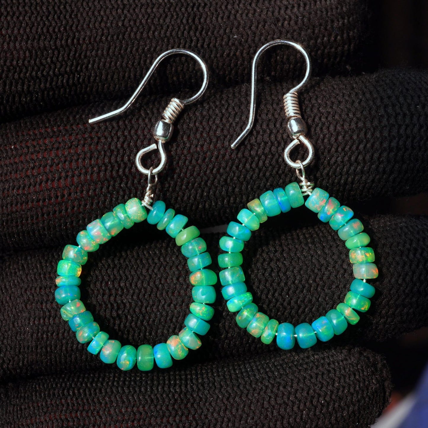 Natural Green Ethiopian Opal Hoop Earrings, 5mm Smooth Beads, Silver & Gold Finish