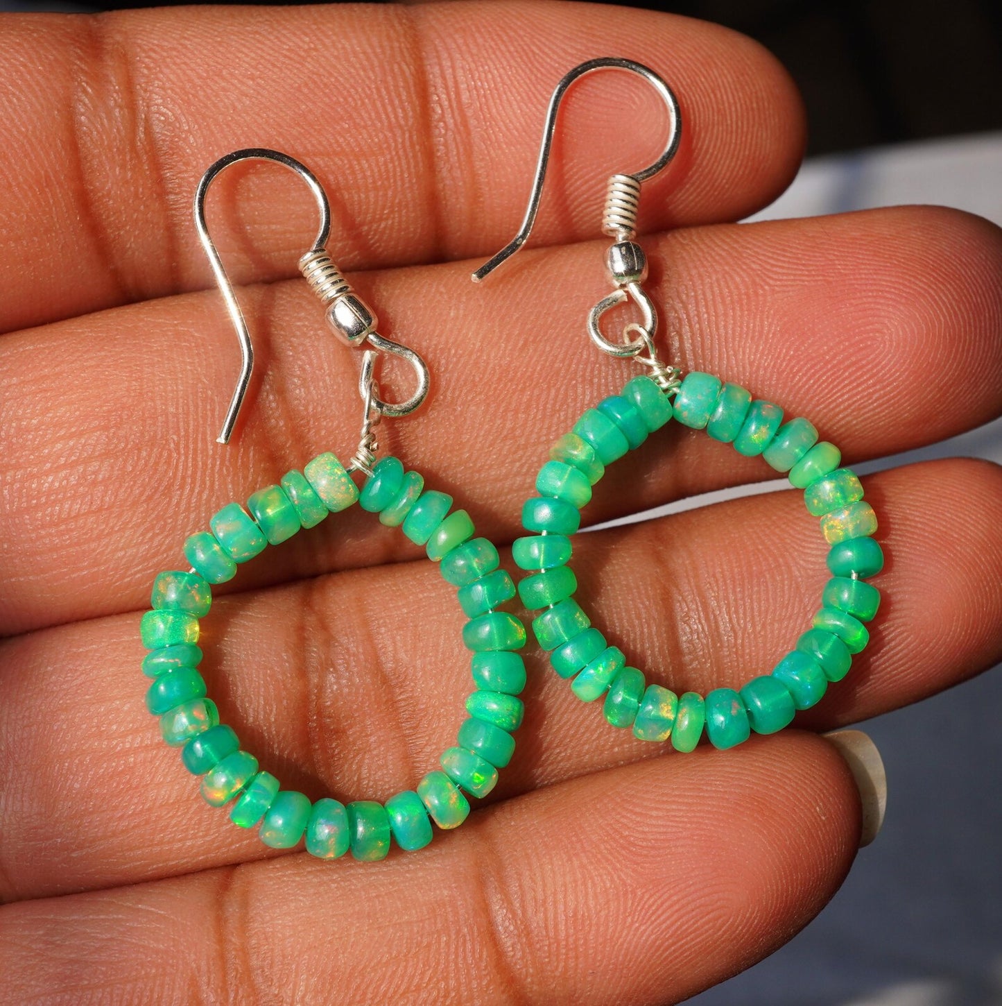 Natural Green Ethiopian Opal Hoop Earrings, 5mm Smooth Beads, Silver & Gold Finish