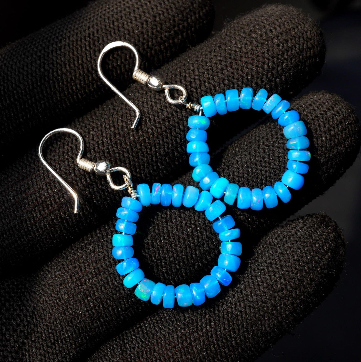 Blue Ethiopian Opal Earrings, Smooth 5mm Beads, 925 Silver & 14k Gold