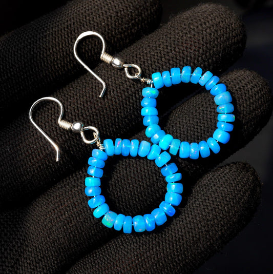 Blue Ethiopian Opal Earrings, Smooth 5mm Beads, 925 Silver & 14k Gold