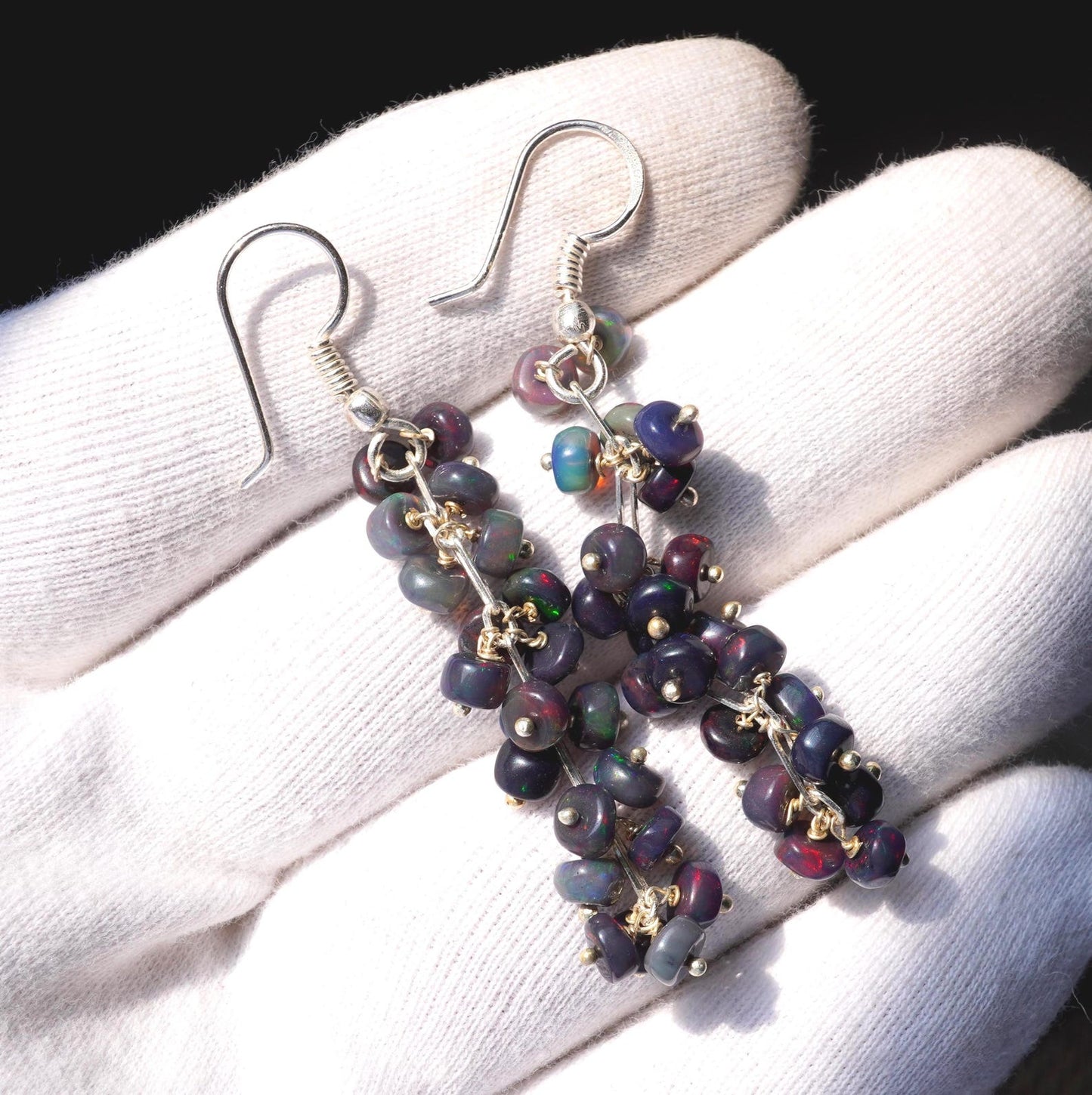 Black Ethiopian Opal Earrings, 925 Silver & Gold Multi Fire Cabochon Beads