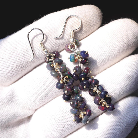 Black Ethiopian Opal Earrings, 925 Silver & Gold Multi Fire Cabochon Beads
