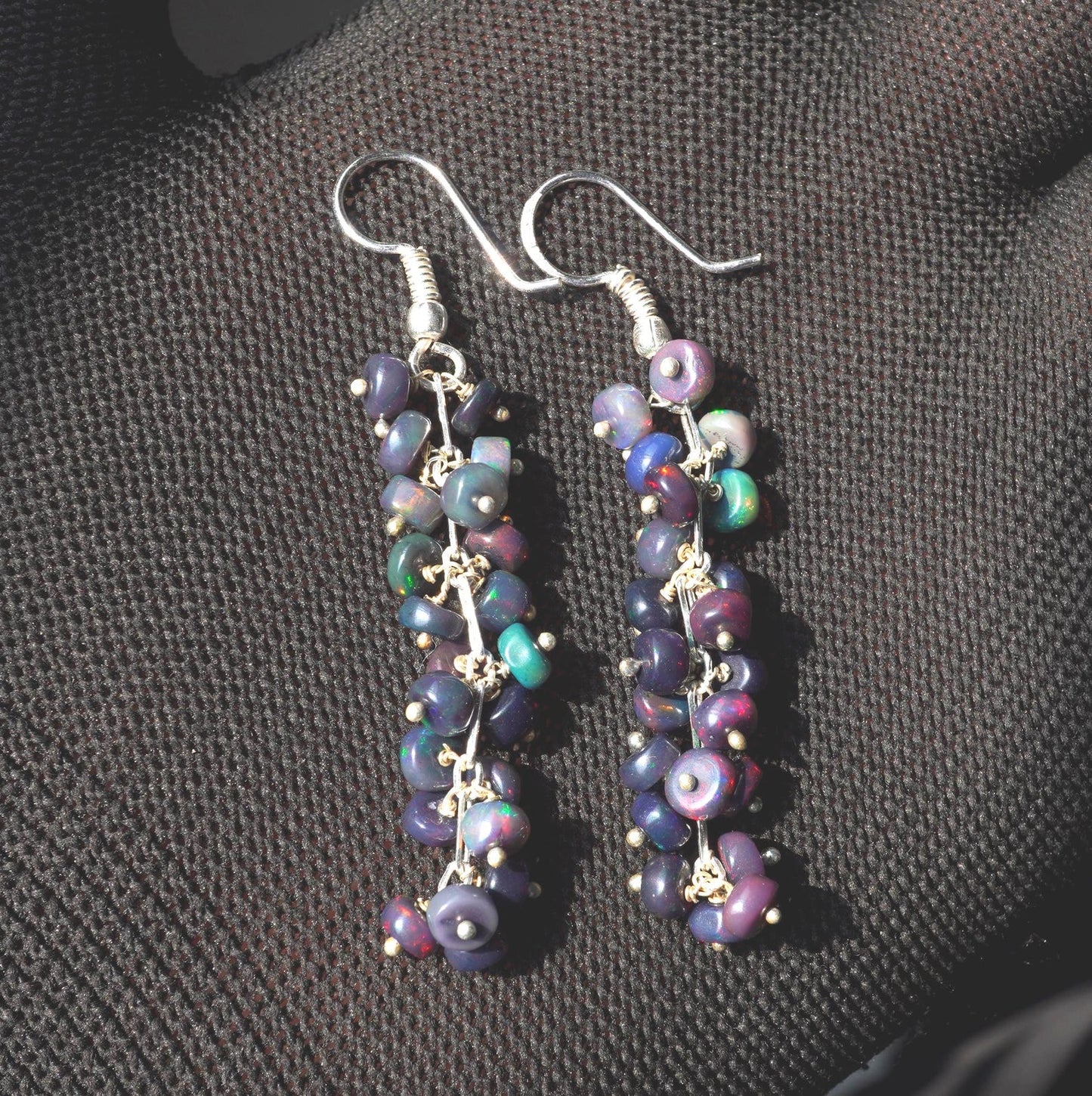 Black Ethiopian Opal Earrings, 925 Silver & Gold Multi Fire Cabochon Beads