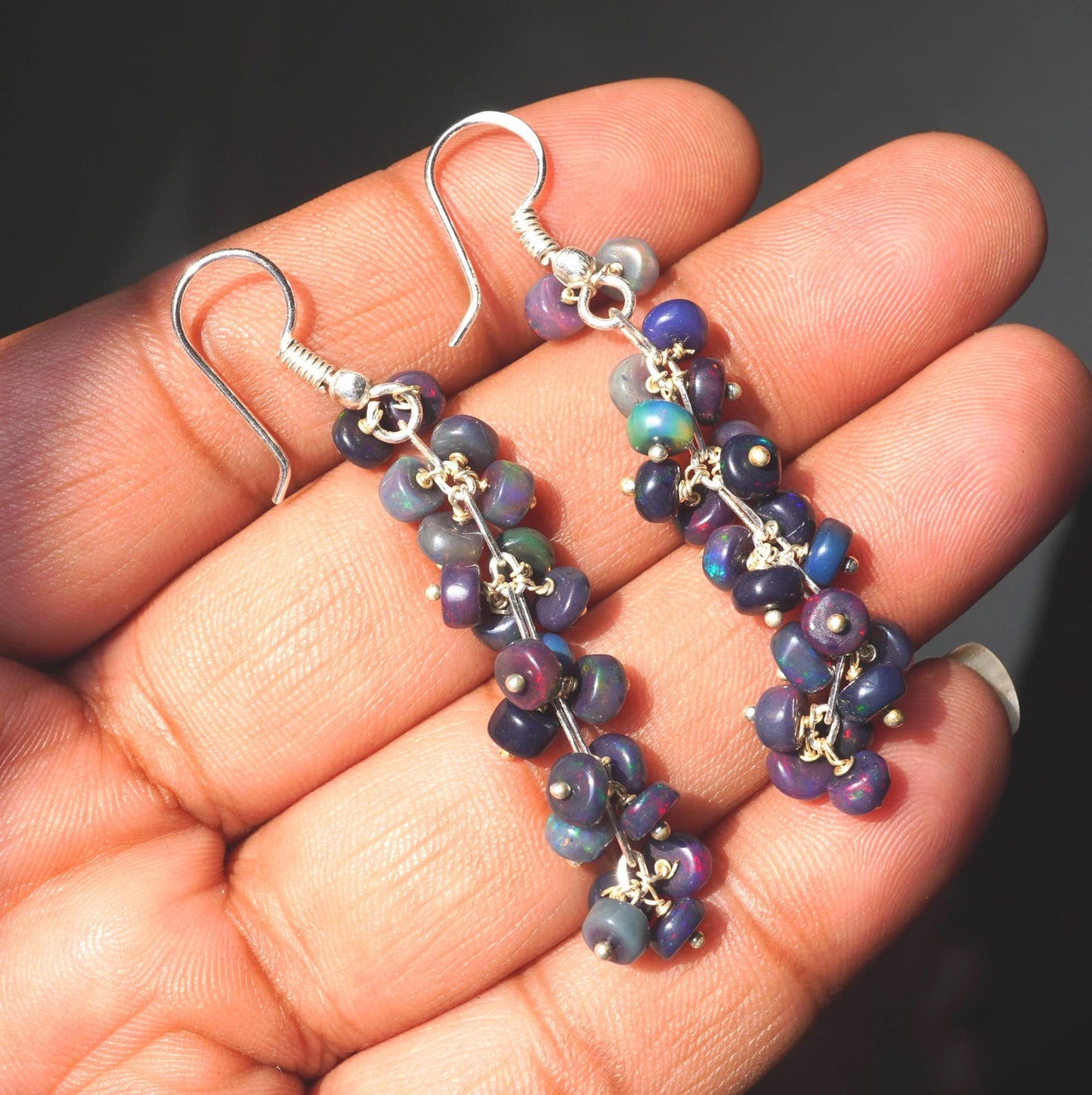 Black Ethiopian Opal Earrings, 925 Silver & Gold Multi Fire Cabochon Beads