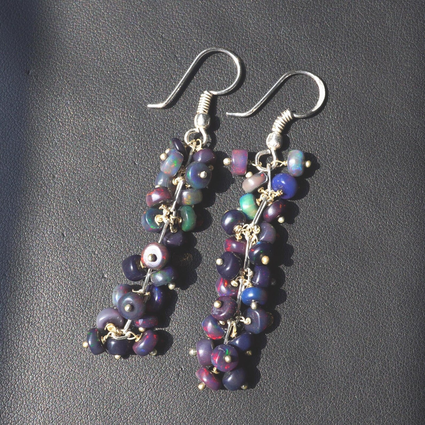 Black Ethiopian Opal Earrings, 925 Silver & Gold Multi Fire Cabochon Beads
