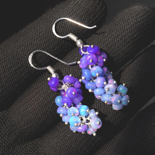 Ethiopian Opal Earrings, 925 Silver, Blue Multi Fire Cabochon Beads
