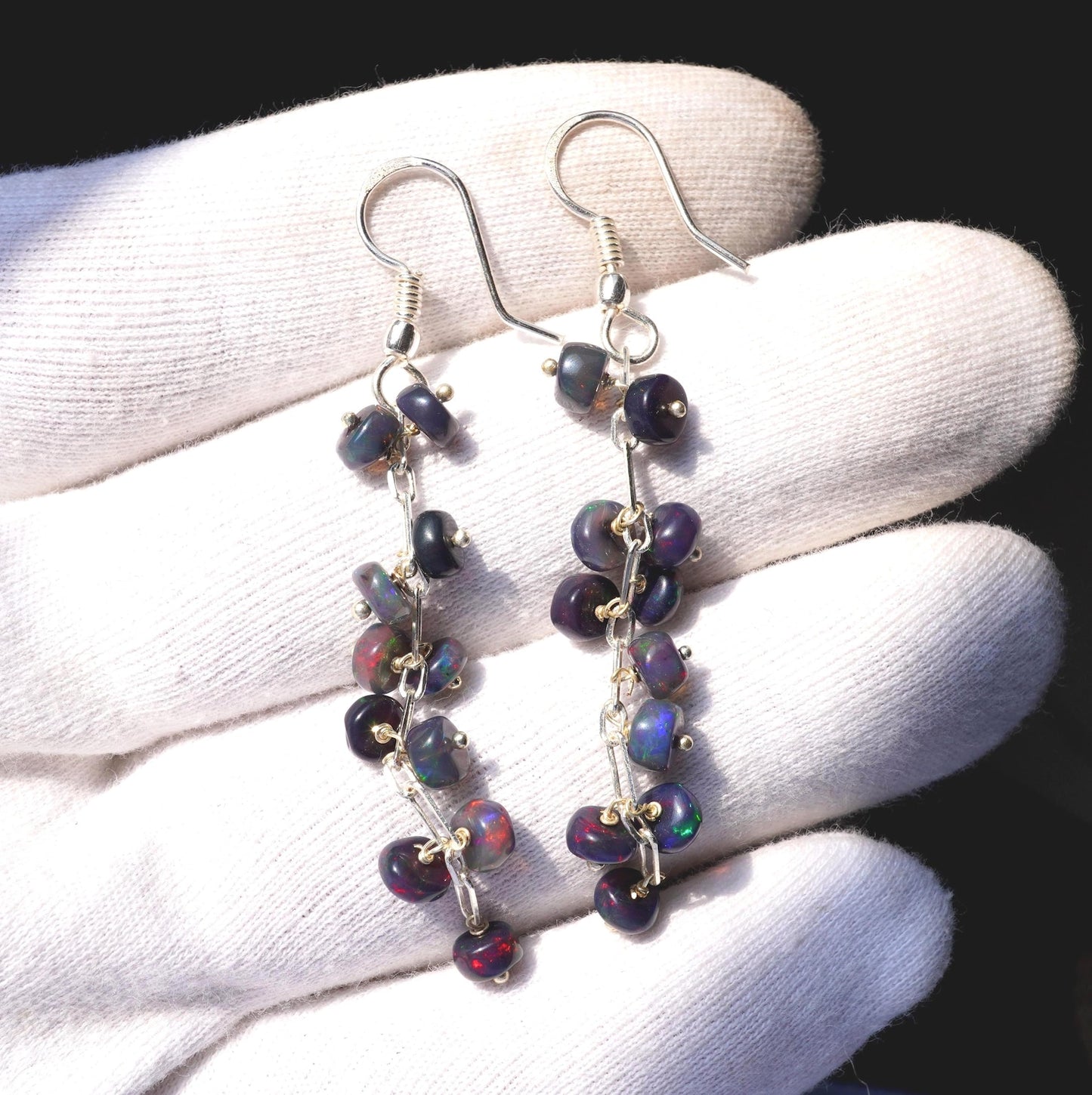 Natural Black Ethiopian Opal Earrings, 925 Silver, Multi Fire Cabochon Beads
