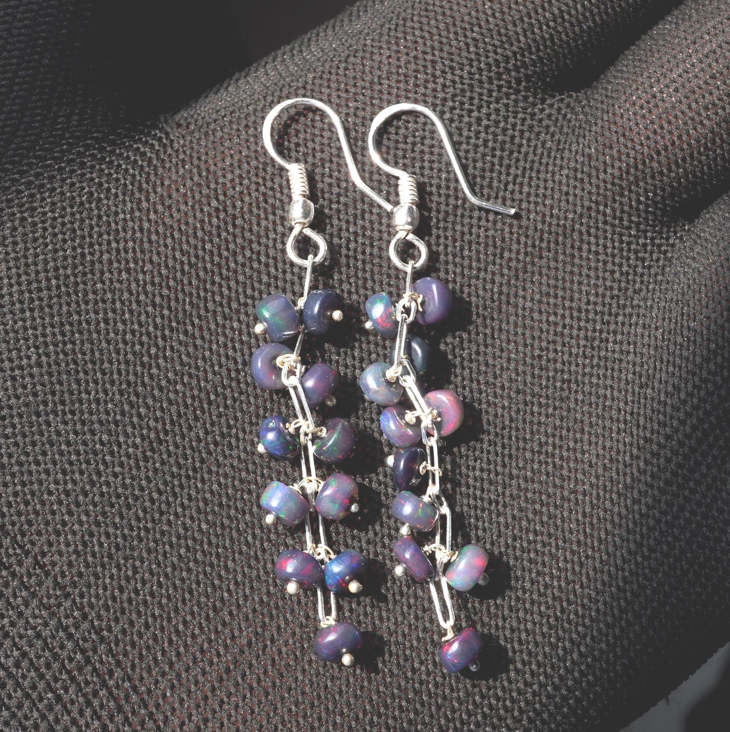 Natural Black Ethiopian Opal Earrings, 925 Silver, Multi Fire Cabochon Beads