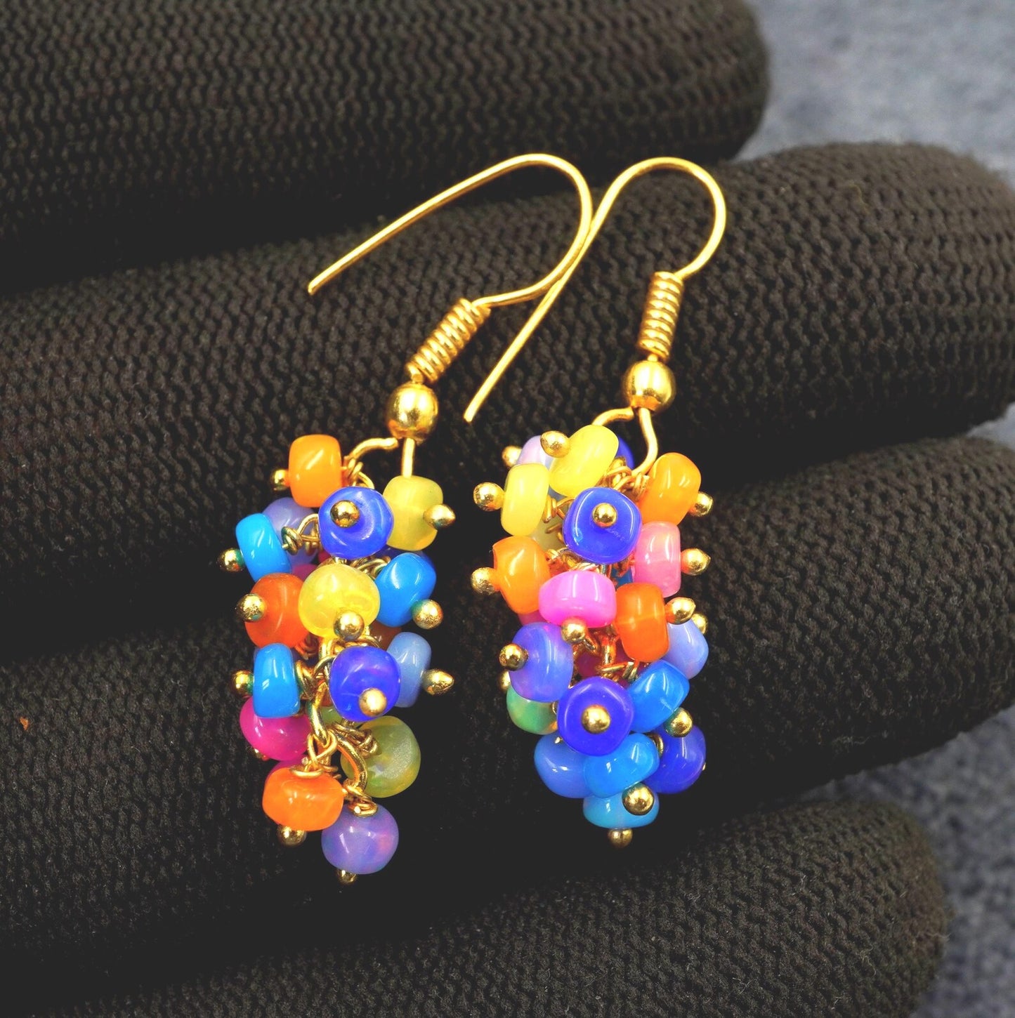 Ethiopian Welo Opal Beaded Earrings, 14K Gold, Rainbow Gemstone
