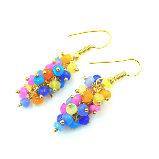 Ethiopian Welo Opal Beaded Earrings, 14K Gold, Rainbow Gemstone