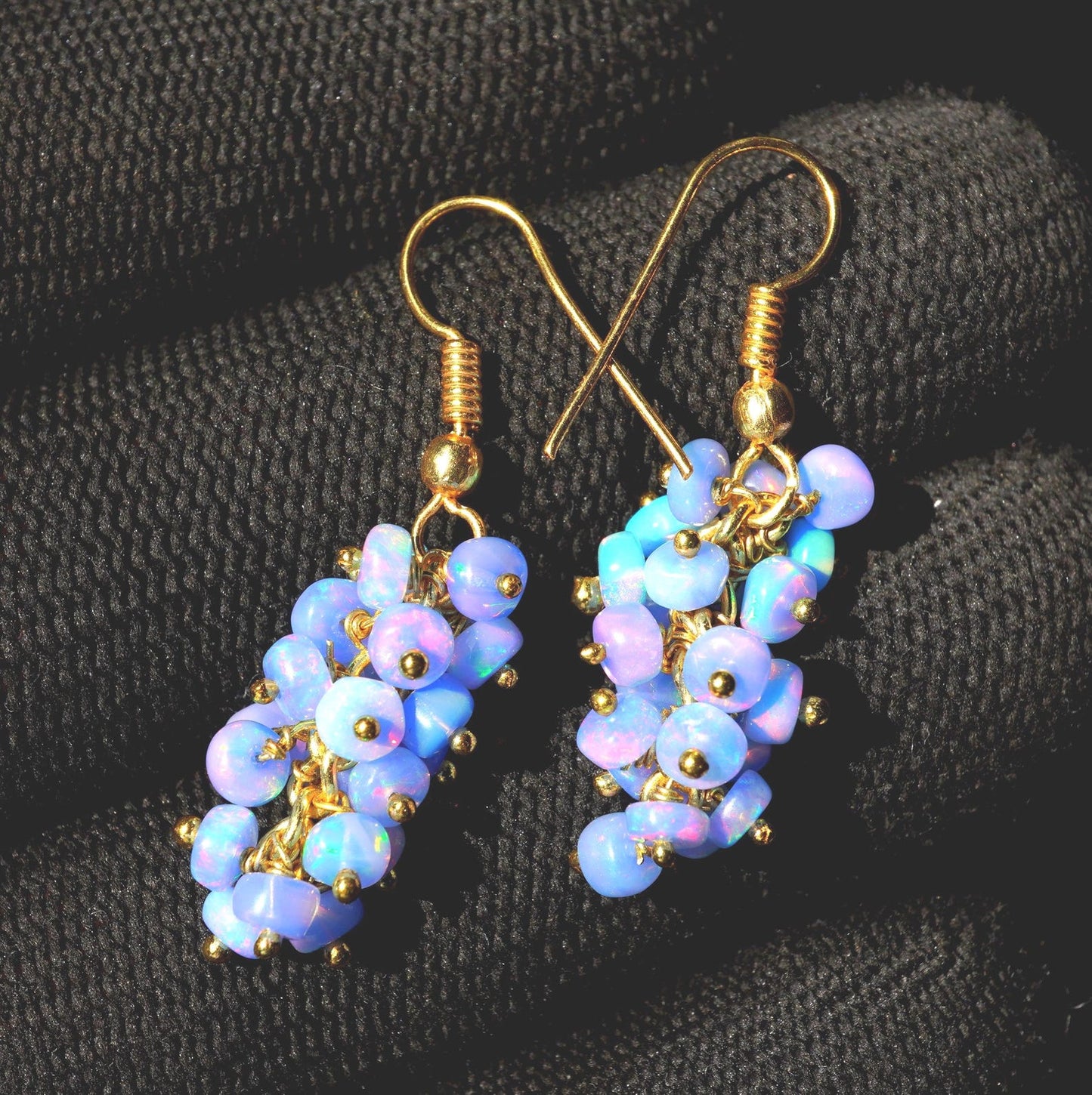 Natural Ethiopian Blue Welo Opal Beaded Earrings, 14K Gold, Rainbow Gemstone