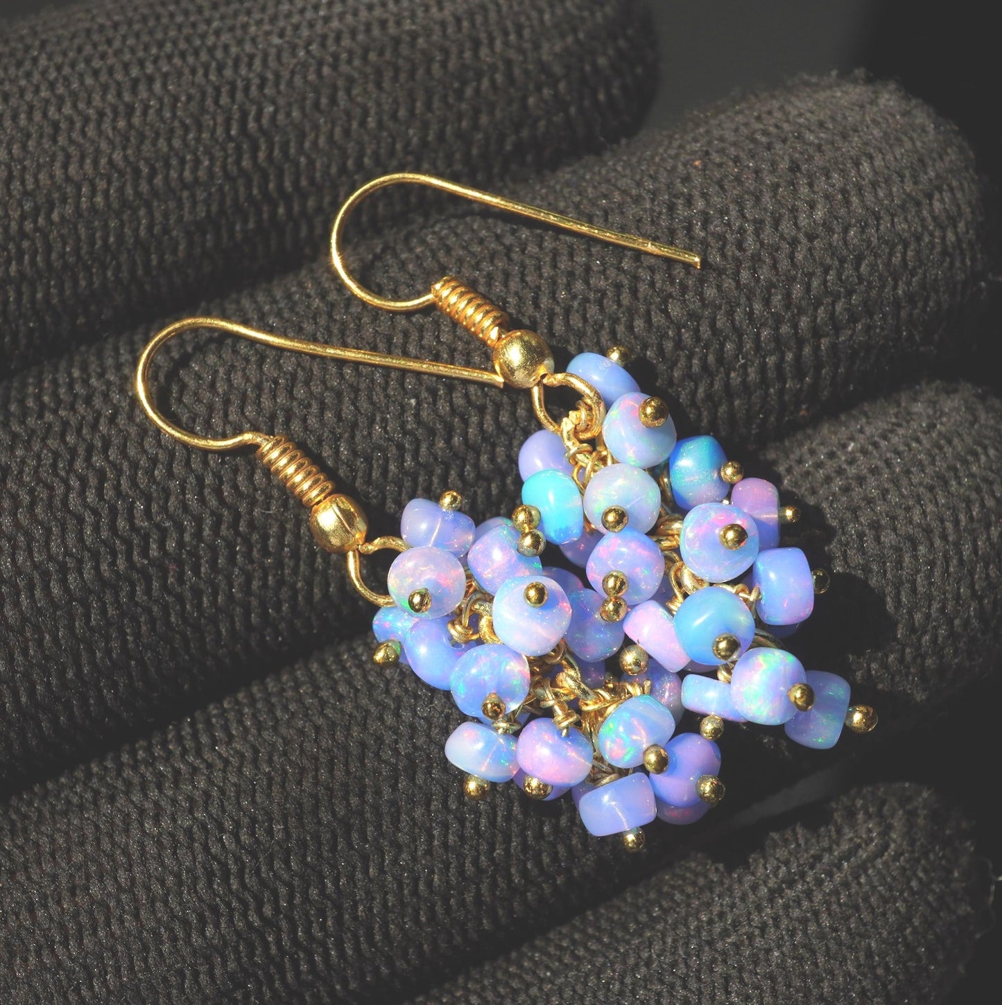 Natural Ethiopian Blue Welo Opal Beaded Earrings, 14K Gold, Rainbow Gemstone