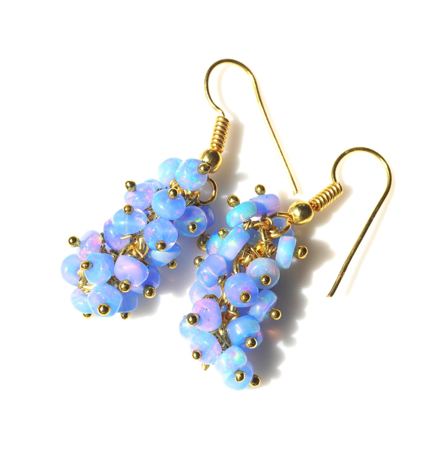 Natural Ethiopian Blue Welo Opal Beaded Earrings, 14K Gold, Rainbow Gemstone