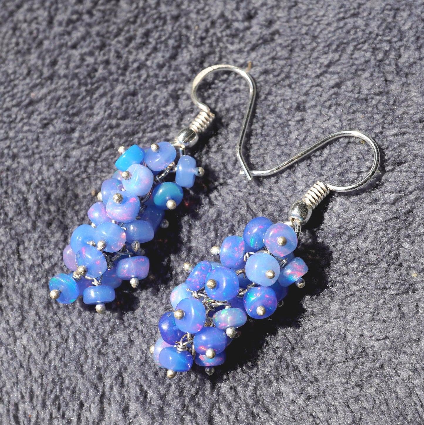 Ethiopian Blue Welo Opal Beaded Earrings, 14K Gold, Natural Rainbow Gemstone