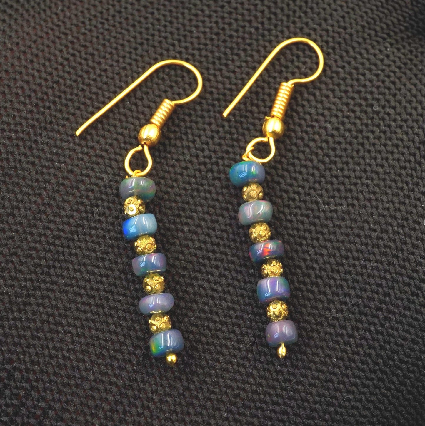 Black Multi Ethiopian Opal Beaded Earrings, 14K Gold , Natural Rainbow Gemstone