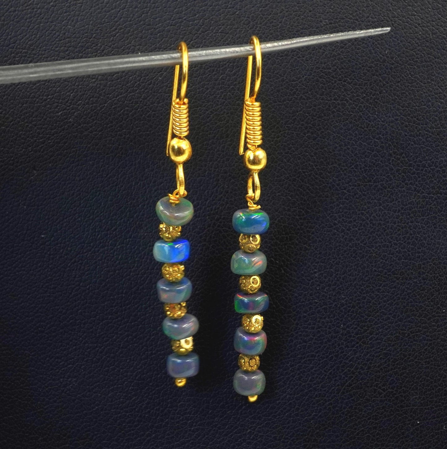 Black Multi Ethiopian Opal Beaded Earrings, 14K Gold , Natural Rainbow Gemstone