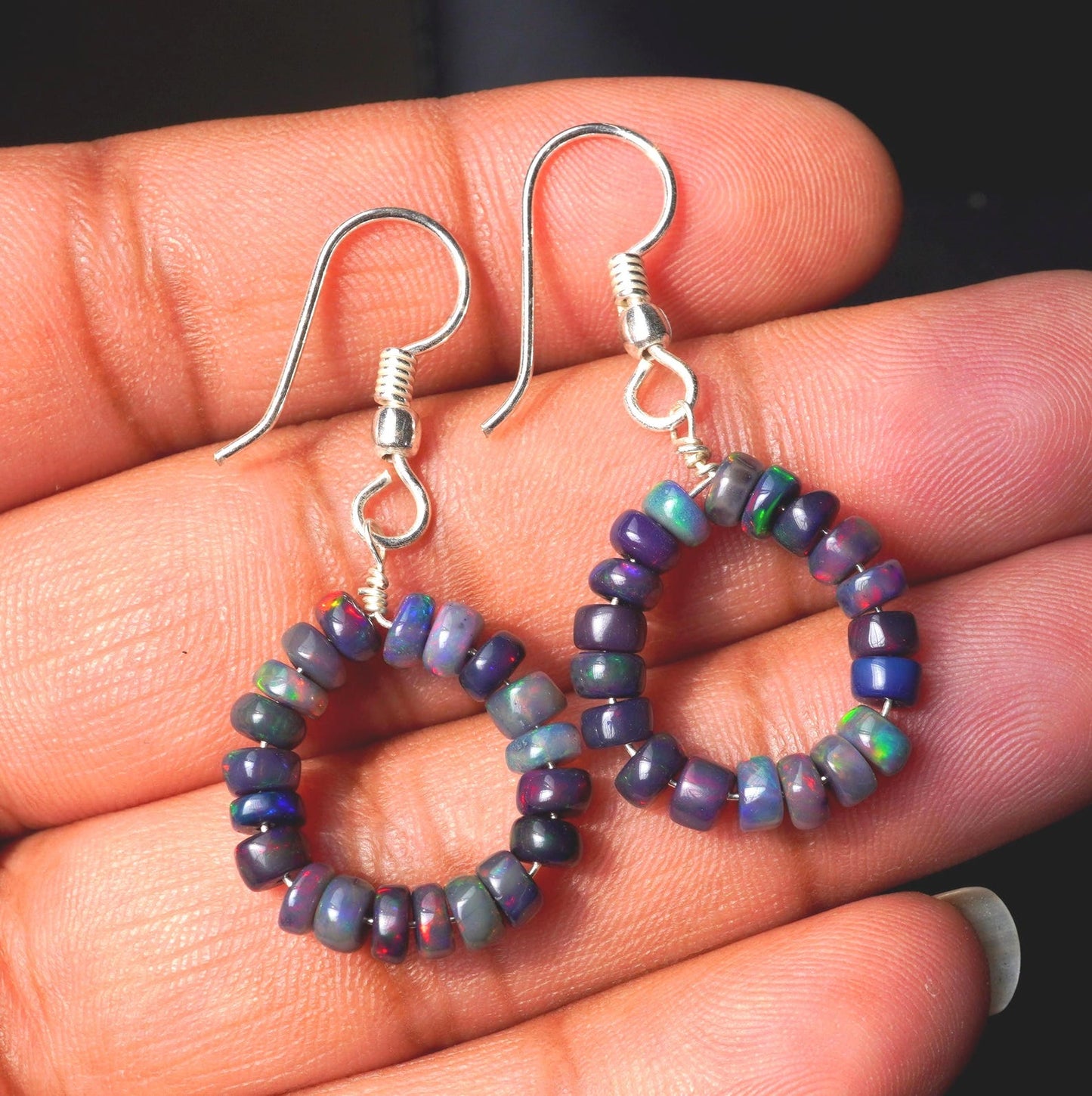 Natural Ethiopian Black Opal Hoop Earrings, 5mm Smooth Beads, Silver & Gold Finish