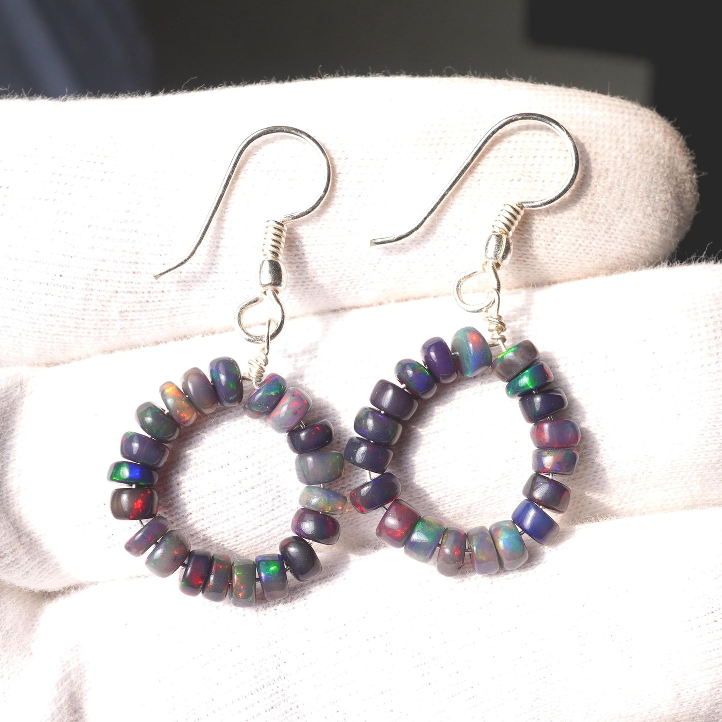 Natural Ethiopian Black Opal Hoop Earrings, 5mm Smooth Beads, Silver & Gold Finish
