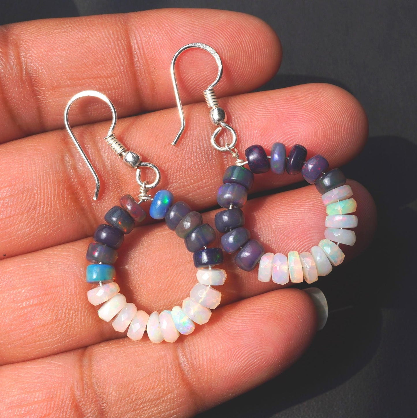 Natural Black White Ethiopian Opal Beads Earrings, 14K Silver & Gold Gift For Her