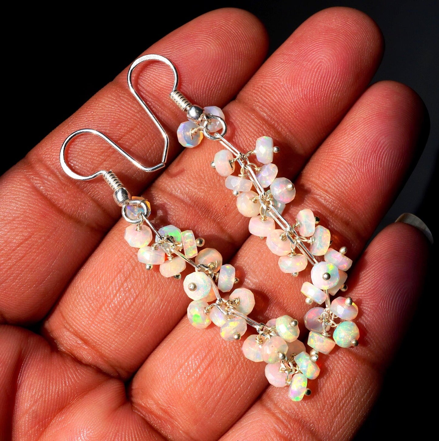 Ethiopian Opal Earrings, 925 Silver, Multi Fire Cabochon Beads