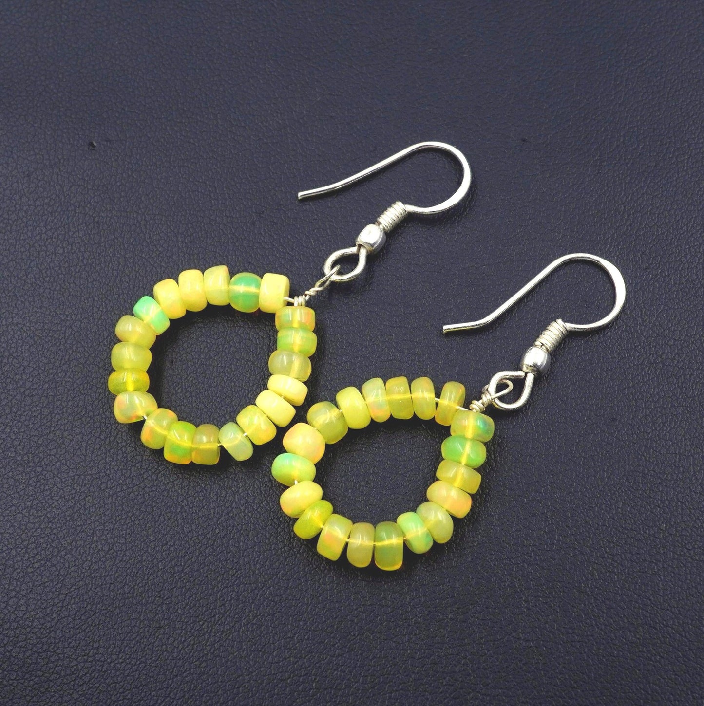 Natural Rainbow Yellow Ethiopian Opal Beads Earrings, Sterling Silver & Gold