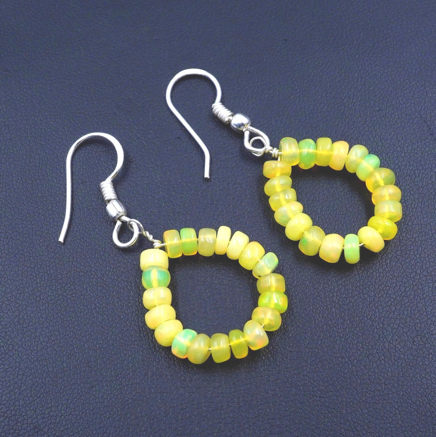 Natural Rainbow Yellow Ethiopian Opal Beads Earrings, Sterling Silver & Gold