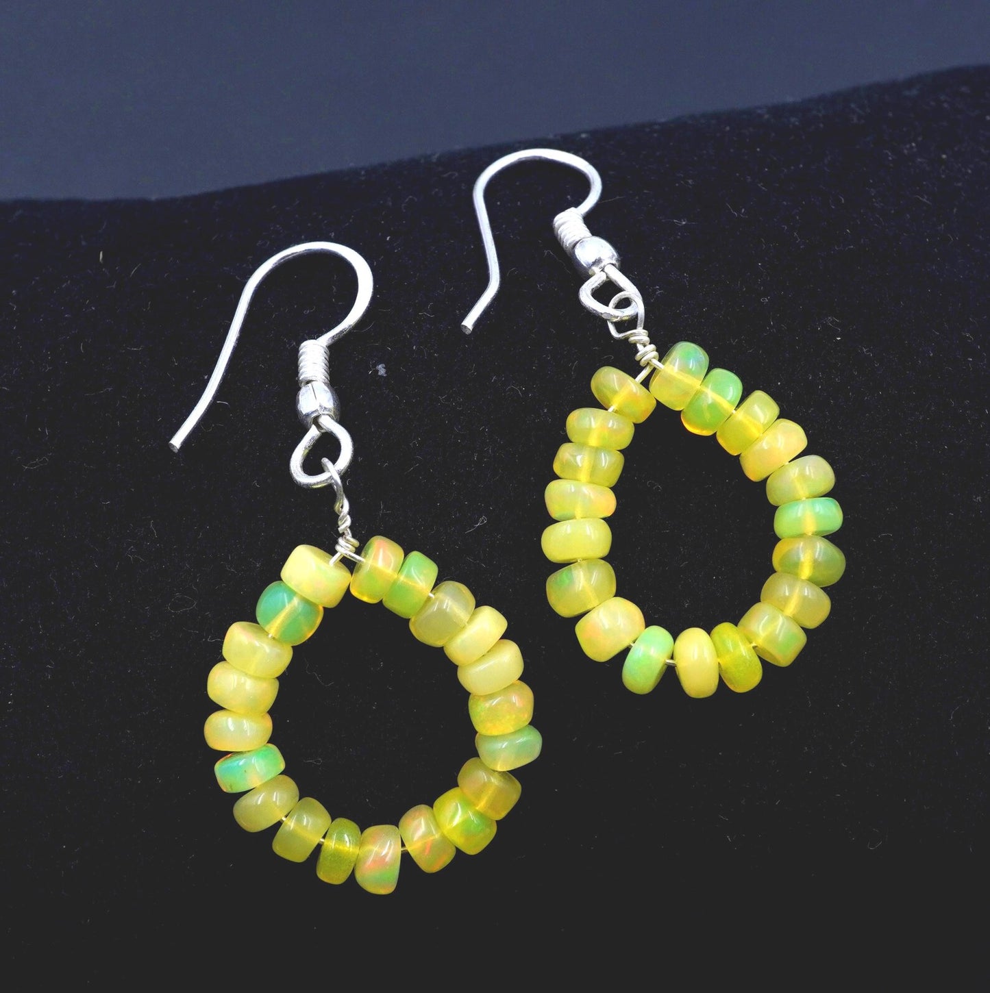 Natural Rainbow Yellow Ethiopian Opal Beads Earrings, Sterling Silver & Gold