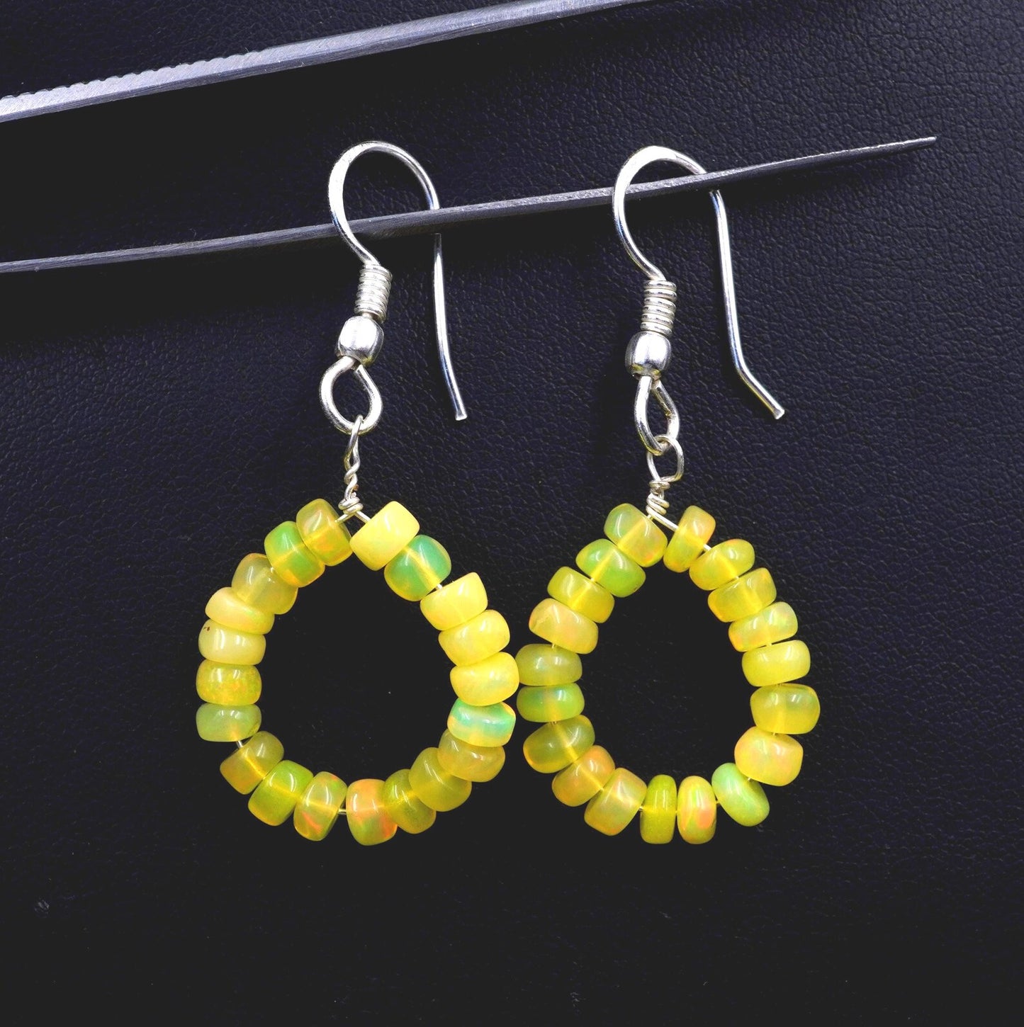 Natural Rainbow Yellow Ethiopian Opal Beads Earrings, Sterling Silver & Gold