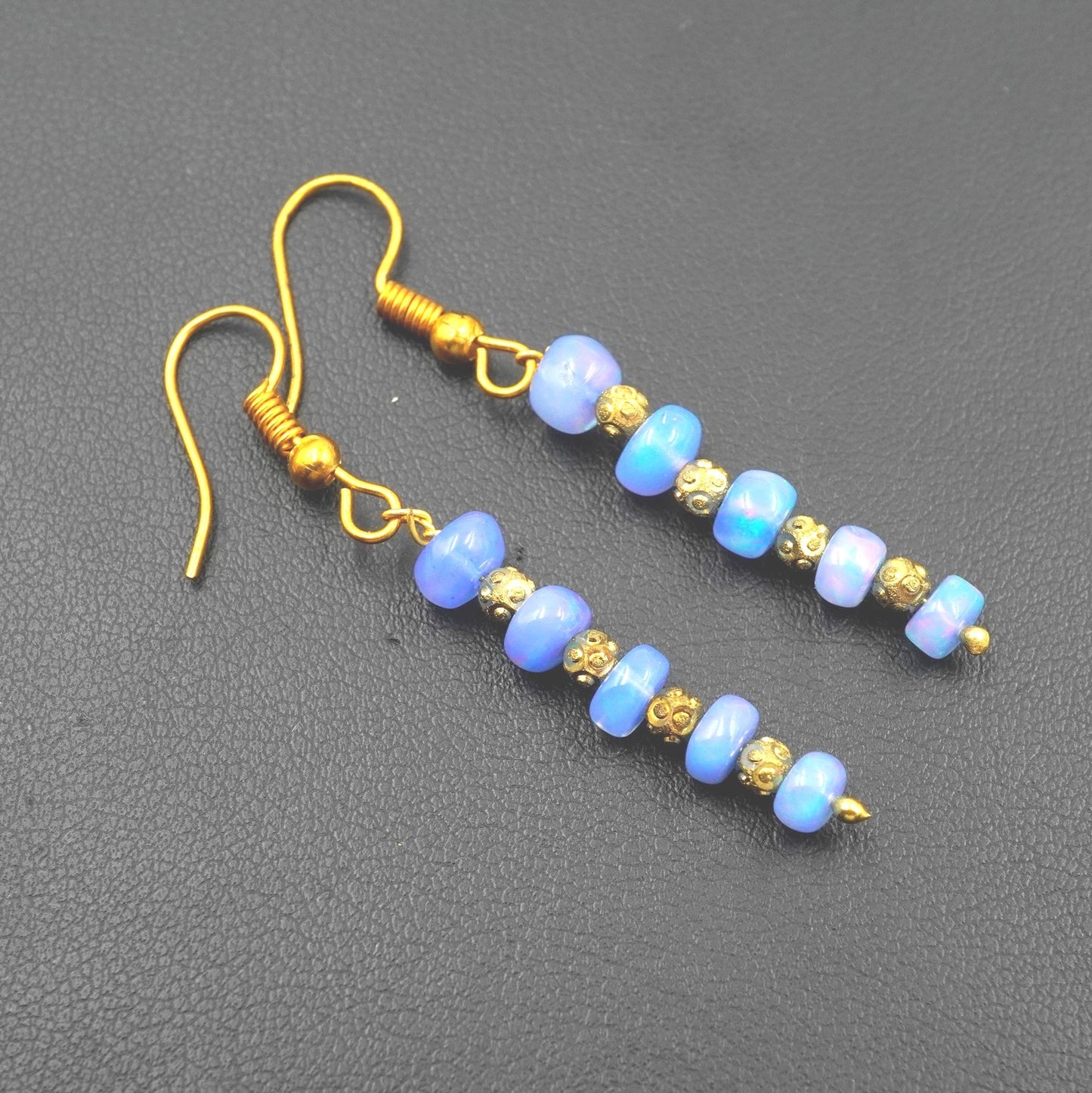 Natural Blue Opal Earrings, 925 Silver & 14k Gold, Ethiopian Gemstone