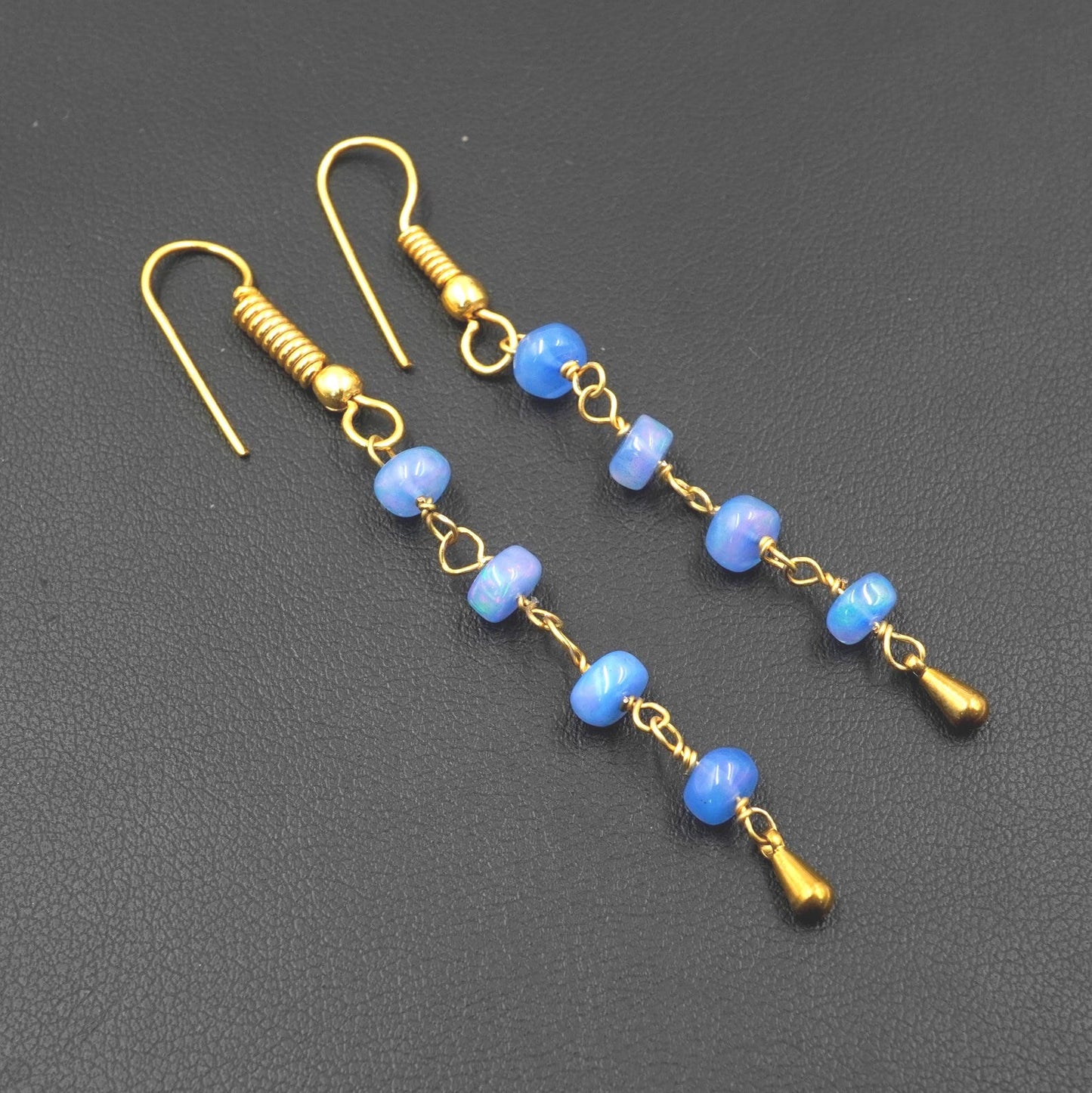Natural Ethiopian Opal Beads Earrings Blue Multi Fire Opal 14K Gold Cabochon Beaded