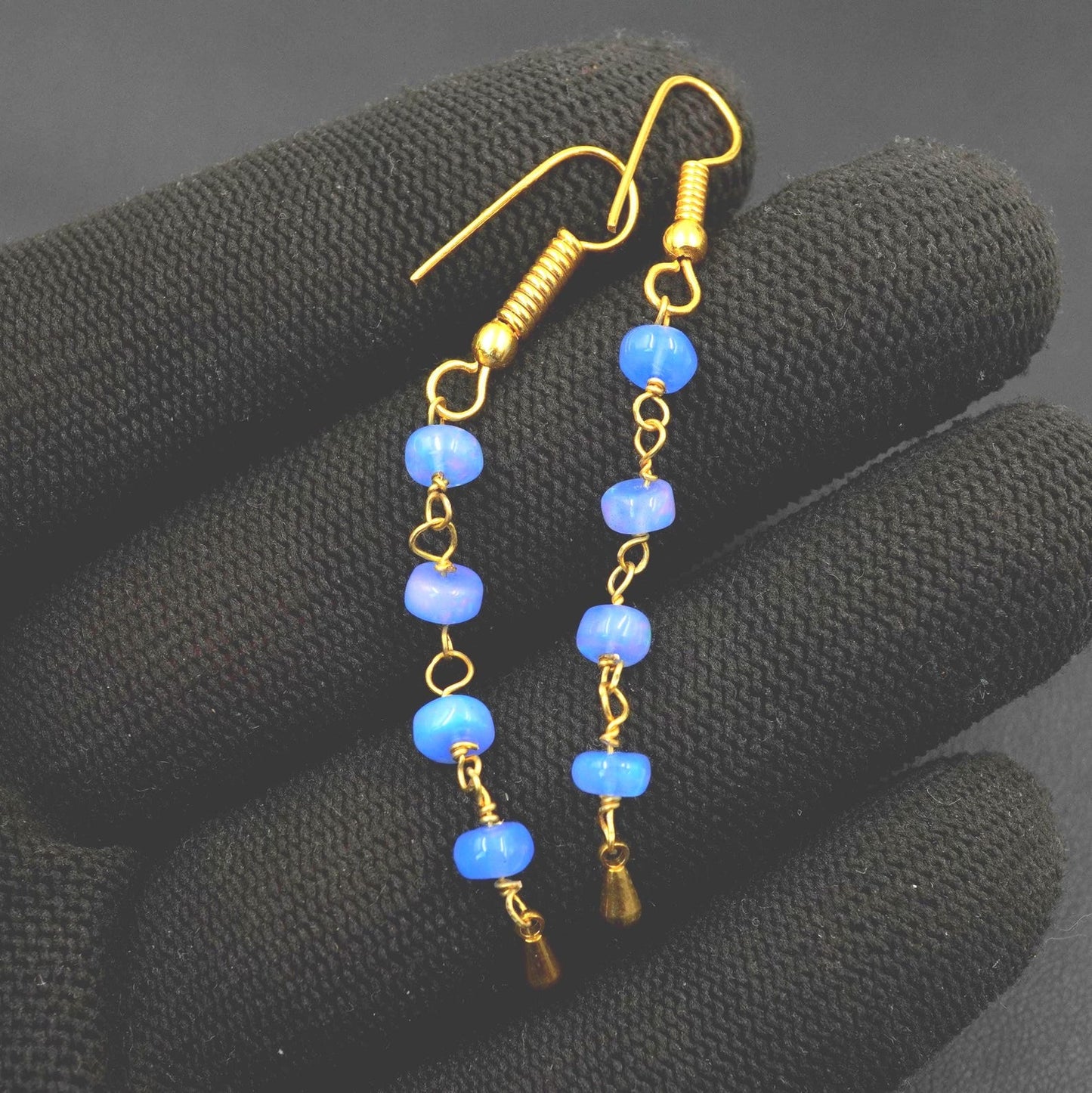 Natural Ethiopian Opal Beads Earrings Blue Multi Fire Opal 14K Gold Cabochon Beaded