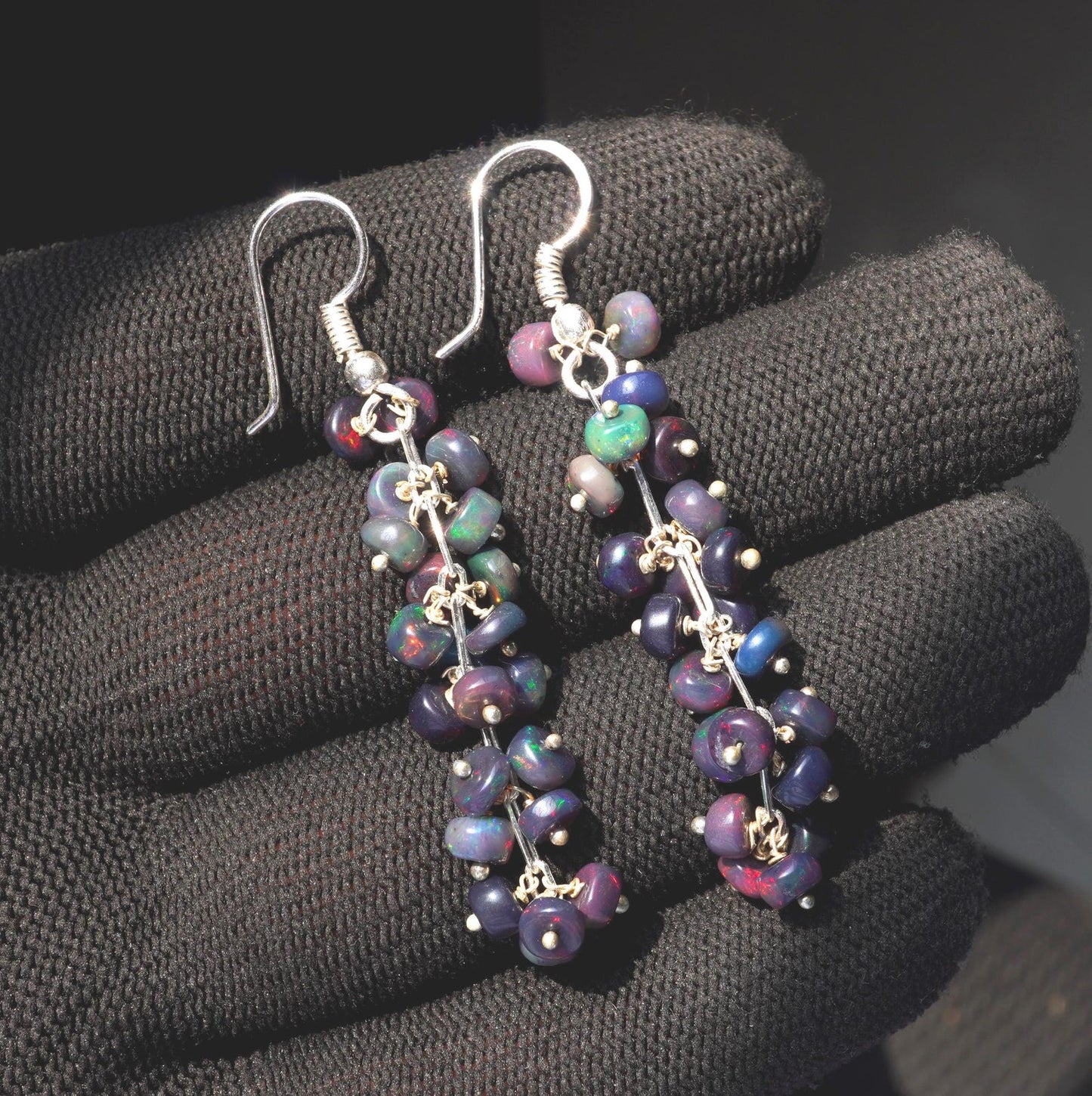 Black Ethiopian Opal Earrings, 925 Silver & Gold Multi Fire Cabochon Beads